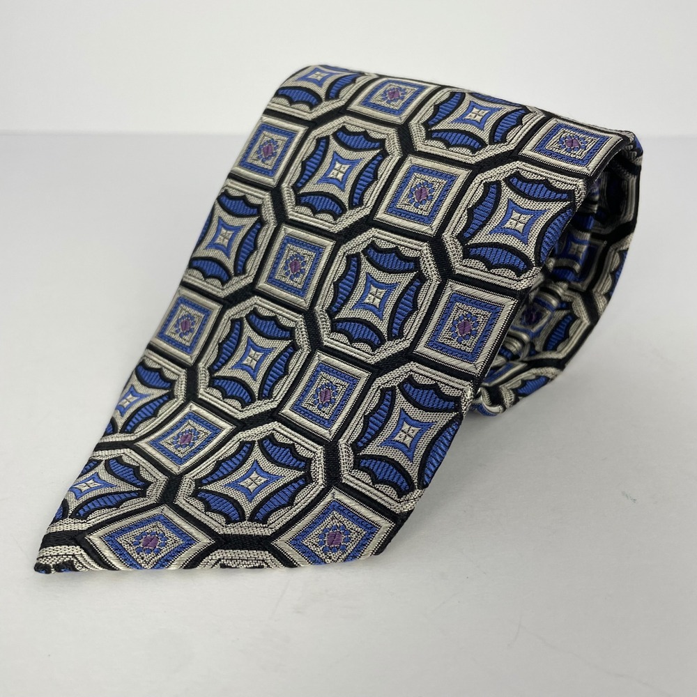 JZ Richards Gallery Collection Blue Silver Geometric Medallion Silk Tie USA NEW